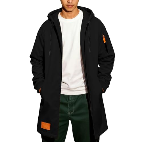 Sudadera de gran tamaño con capucha para hombre, silueta bonita, cierre de cremallera completa, manga larga, equipada con bolsillo, funciona como chaqueta de entrenamiento, Negro, 3XL