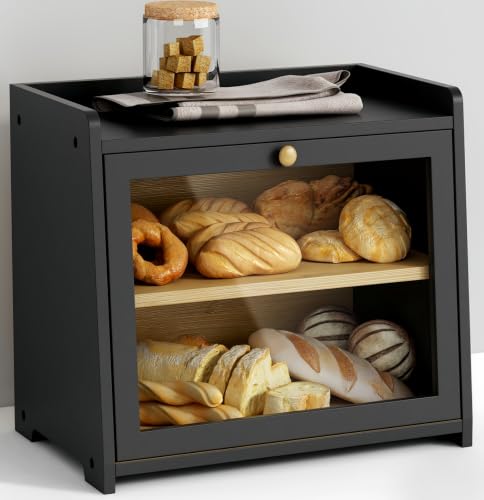 Goozii Double Layer Bread Box for Kitchen Countertop, Large Bread Storage Container for Counter Top, 2 Tier Wood Farmhouse Vintage Breadbox for Homemade Bread, Corner, Cabinet, Pantry (Black)