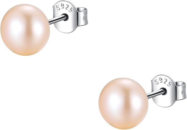 5-10MM Natural Freshwater Cultured Pink Pearl Stud Earrings for Women 925 Sterling Silver Button Flat Pearl Earrings