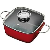 Bräter Aluguss mit Glasdeckel und Aromaknopf Keramikbeschichtung Innen Herd- und Backofen geeignet (Rot,4L-Quadratisch 24 x 24 cm)