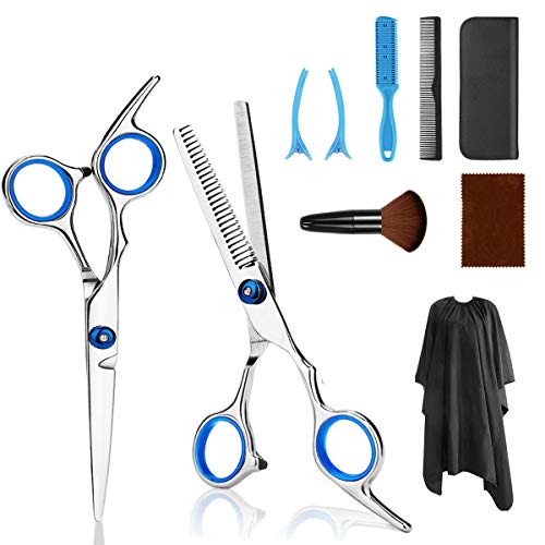 WEWBABY 10 PCS Hair Cutting Scissors Kit Professional Barber Scissors Set with Cutting Shears,Thinning Scissors,Hair Razor Comb and Cape Home Hair Cutting Shears Set for Women Men Kids(blue)