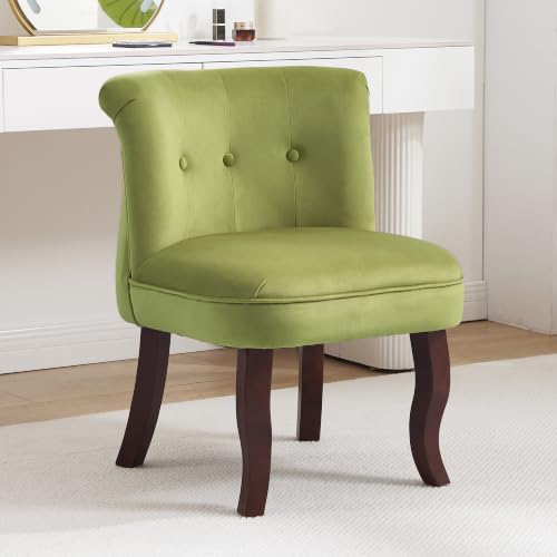 YUUIJOAA Velvet Vanity Chair with Back, Tufted Upholstered Vanity Stool with Solid Wood Legs, Mid Century Comfy Small Makeup Chair for Vanity, Accent Chair for Bedroom, Living Room, Green