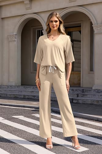 Image of difficort 2 Piece Lounge Sets for Women Summer Outfits Vacation Loungewear | Knit Raglan Short Sleeve Wide Leg pant with Pockets