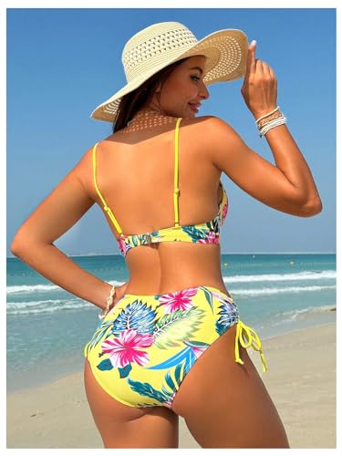 GORGLITTER Women's Tropical 2 Piece Swimsuit Underwire Push Up Tie Side Bottom Bikini Set Swimwear Yellow Large - Image 3