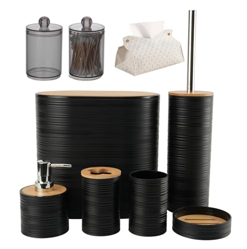 Bathroom Accessories - 9 Piece Plastic Gift Toothbrush Holder,Toothbrush Cup,Soap Dispenser & Dish,Toilet Brush Holder,Trash Can,Tumbler Straw Set，and Two Cotton Swab Buckets and a Tissue Bag (Black)
