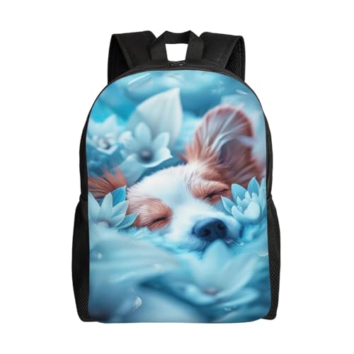 Comfort Fit Unisex Sleeping Dog Flowers Backpack Durable for Daily Commute & Travel Adventures 16 Inch