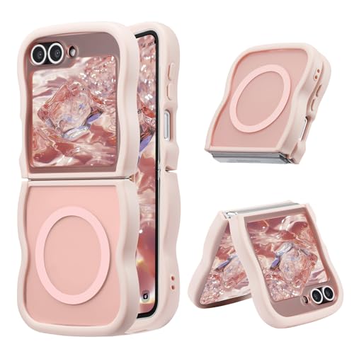 UEEBAI Magnetic for Samsung Galaxy Z Flip 5/Z Flip 6/7 FE Case, Compatible with MagSafe, Transparent Clear Wave Frame Design Soft Edge Cover Matte Shockproof Phone Case- Pink