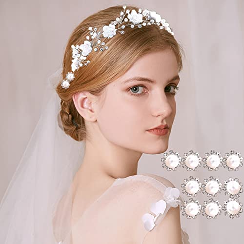 Lucktao 10 Pcs éPingle à Cheveux Fleur en Cristal et 1 bandeau en cristal de perles Fleurs de mariée Strass en cristal Pinces à cheveux en forme de U Accessoires pour cheveux de mariage Bandeau Cover