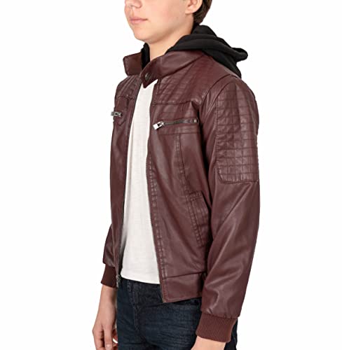 X Ray Kids Leather Jacket | Boys Leather Jacket | Boys Leather Jacket With Hood | Youth Leather Jacket, Burgundy - Hooded, X-Large #TOP2