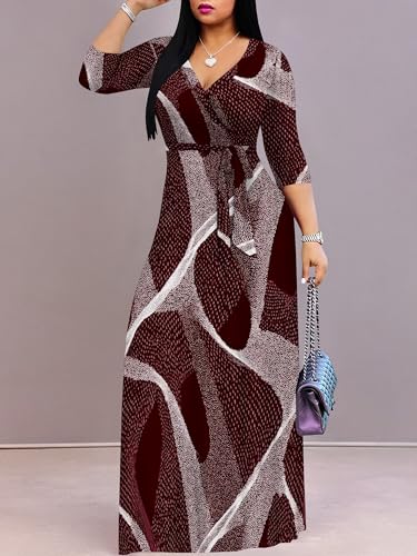 Image of Plus Size Dresses for Women Print Maxi Dresses 3 /4 Sleeve with Belt