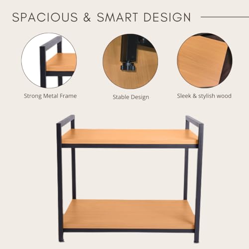 Image of Wooden 2-layer Microwave Rack, Kitchen Storage for Home, Metal Strong Rack for Kitchen | Wooden | Brown
