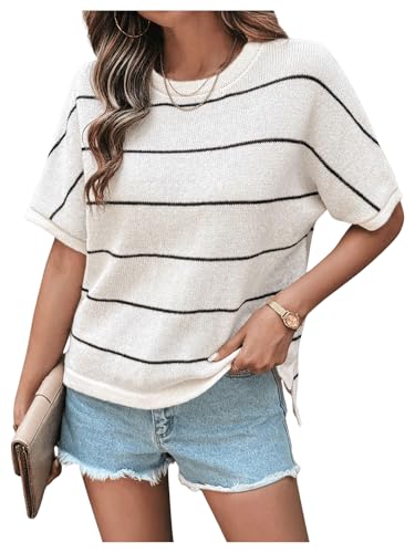 Image of Verdusa Women's Short Sleeve Loose Pullovers Lightweight Striped Knitwear Sweater Top Black and White Large