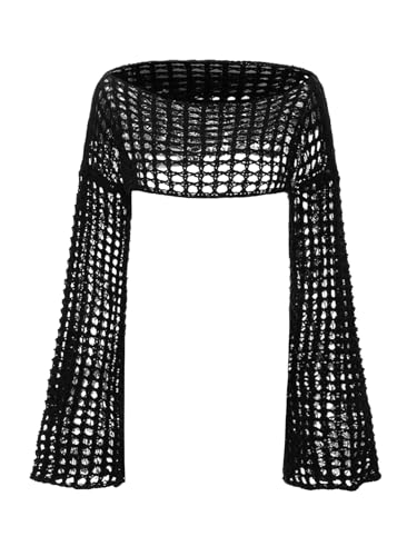 SHENHE Women's Hollow Out Knit Bolero Shrug Crochet Crop Sweater Top Y2K Bell Sleeve Sweater3