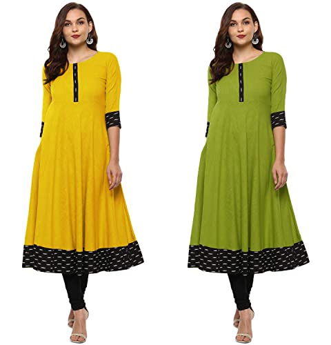 Image of NATEK Cotton Anarkali Printed Border Kurtis for Women Combo Pack of 2