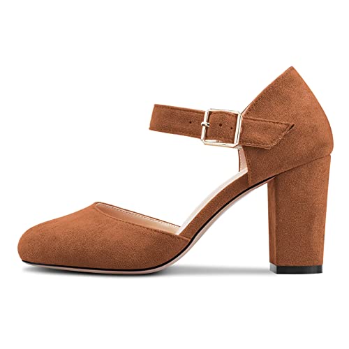 Castamere Women Chunky Block High Heel Close Round Toe Two-Piece Pumps Buckle Wedding Party Dress Shoes 3.3 Inches Heels2