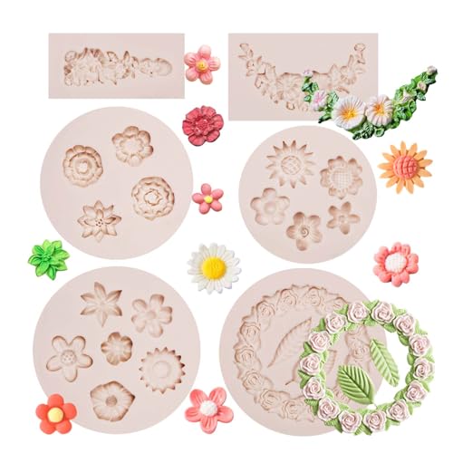 Muyulin Mini molde para fondant de flores de rosas, 6 paquetes de flores, guirnalda, lazo, moldes de chocolate de silicona para decoración de pasteles, decoración de cupcakes, decoración de vallas
