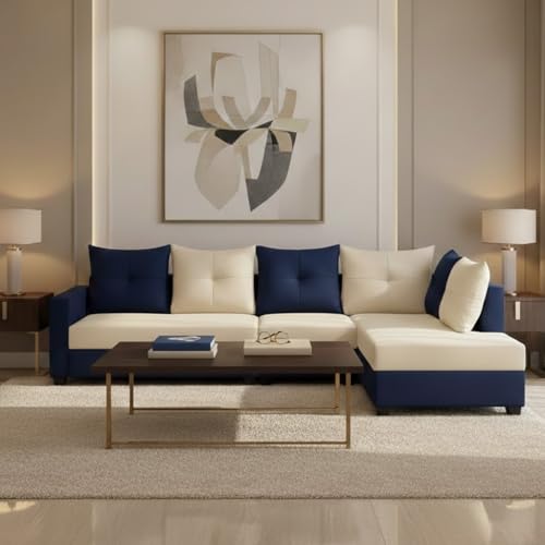 Image of SOCOZI Oriana 6 Seater RHS L Shape Sofa Set | Soft Velvet Suede Fabric | Modern Design | Plush Comfort Cushions for Living Room (Dark Blue-Cream)
