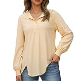 Foweknow Blusa larga para mujer, camiseta de manga larga, elegante, informal, cuello de pico, blusas con botones, manga larga, con botones, para otoño, sudaderas informales, sin capucha, amarillo