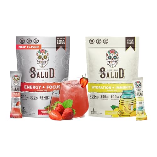 Salud 2-Pack |2-in-1 Energy + Focus (Strawberry Margarita) & Hydration + Immunity (Lemonade) â€“ 15 Servings Each, Agua Fresca Drink Mix, Non-GMO, Gluten Free, Vegan, Low Calorie, 1g of Sugar