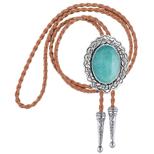 Image of Jeilwiy Bolo Tie for Men Real Stone Westwern Cowboy Ties Silver Bolos Women Leather Necktie Gift for Birthday Christmas