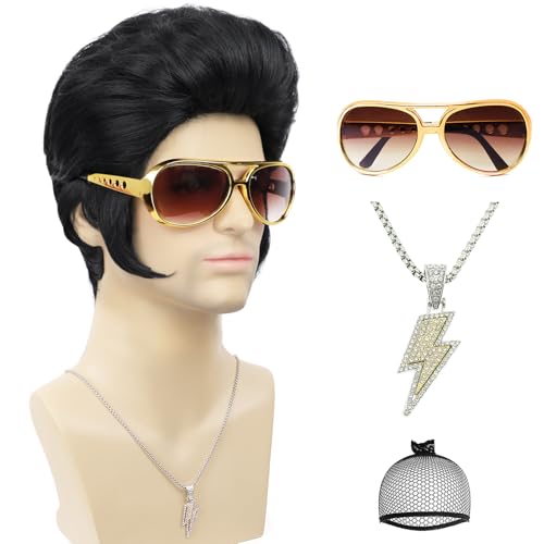 Tereshar 50s 60s Rock Wig + Accessories 5pcs Set Black Mens Rocker Costume Wigs for Singer Star Cosplay Halloween Disco Party or Fun