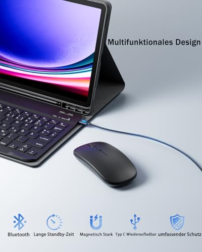 für Samsung Galaxy Tab A11+ PLUS (2025)/Tab A9+ Plus (2023) Hülle 11 Zoll mit aufladbarer kabellose Bluetooth Deutsche Zeichen Tastatur (QWERTZ) und Maus, Schlitzhülle Magnetisch Keyboard case Schwarz