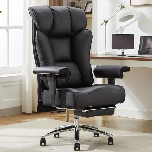 Image of Efomao Ergonomic Office Chair 450LBS with Foot Rest, High Back PU Leather Executive Office Chair with Adjustable Armrests, Lumbar Support for Home or Work, Computer Chair, Black