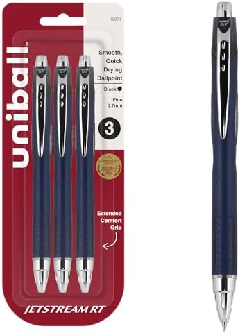 Uni-Ball Jetstream Retractable Ball Point Pens,0.7mm, Black Ink, 3-Count