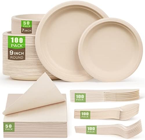 500pcs Compostable Paper Plates Set, Eco-friendly Disposable Plates Cutlery Includes 100pcs Dinner Plates, 50pcs Dessert Plates, 50pcs Cocktail Napkins, 100pcs Forks, 100pcs Knives, 100pcs Spoons