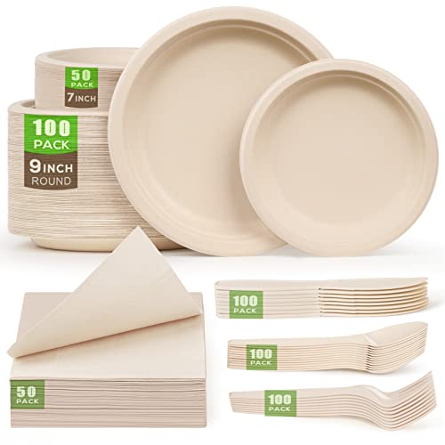 500Pcs Compostable Paper Plates Set, Eco-Friendly Disposable Plates Cutlery Includes 100Pcs Dinner Plates, 50Pcs Dessert Plates, 50Pcs Cocktail Napkins, 100Pcs Forks, 100Pcs Knives, 100Pcs Spoons #TOP5