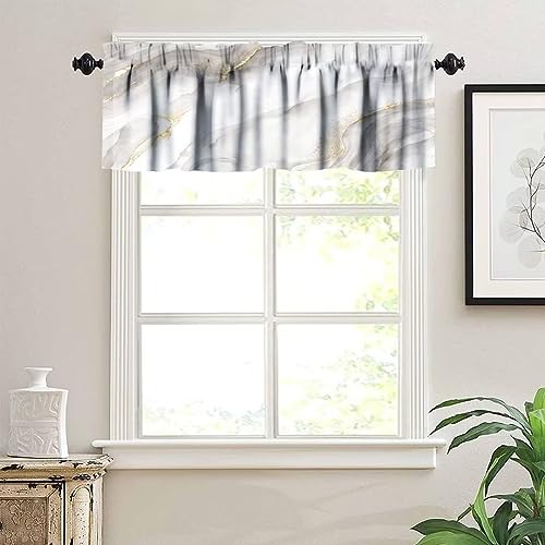 Image of White Grey Marble Window Valance Curtain, Abstract Modern Luxury Ink Texture Gold Veins Window Valances Treatments for Kitchen Living Room Cafe Decor 54'x18', 1 Panel