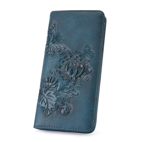 Image of Wallet Women Ultra Slim Thin Rfid 3D Embossed Vegan Leather Womens Wallet Clutch Long Ladies Wallet (05-Dark-Blue)