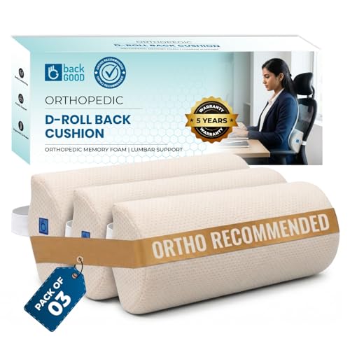 Image of D-Shaped Lumbar Support Roll | 5-Yr-Warranty | Memory Foam | Medical Grade Back Cushion for Lower Back Pain, Sciatica | Office Chair & Car Seat Lumbar Roll(White)(Set of 3)