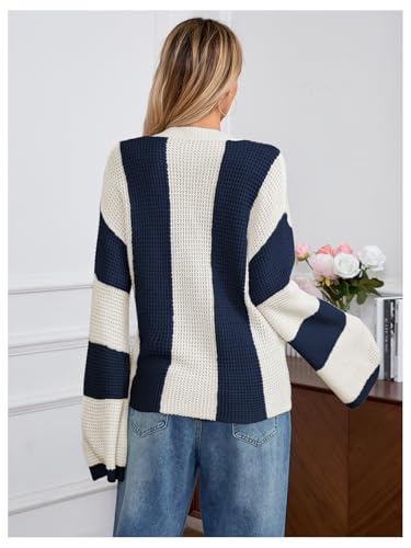 Women's Color Block Button Down Cardigan Bell Sleeve V Neck Knitted Outerwear2