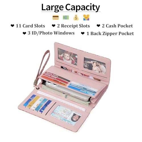 Image of Wristlet Wallet for Women Leather Clutch Purse Trifold Card Holder RFID Blocking Large Capacity Pink