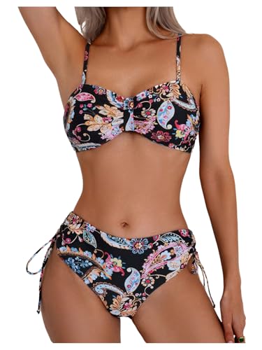 MakeMeChic Women's Floral Bikini Sets Spaghetti Strap Ruched Drawstring Beachwear Bathing Suit
