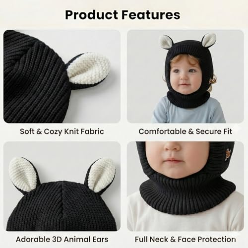 Image of Kraptick Winter Warm Ear Protection Knitted Woolen Unisex Baby Cap with Cute Animal Ears, Soft Fleece Lined Knit Hat with Ear Flaps, Stretchable Monkey Cap for Cold Weather -1