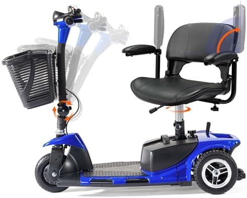 3 Wheel Mobility Scooters for Adults, Electric Powered Mobile Wheelchair Medical Aid, Folding Collapsible Compact for Travel, Seniors, Adults, Long Range Battery with Charger Basket Included (Blue)