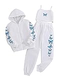 OYOANGLE Girl's 3 Piece Outfits Butterfly Print Cami Crop Top and Zipper Hoodie Sweatshirt with Sweatpants Set White 11-12Y