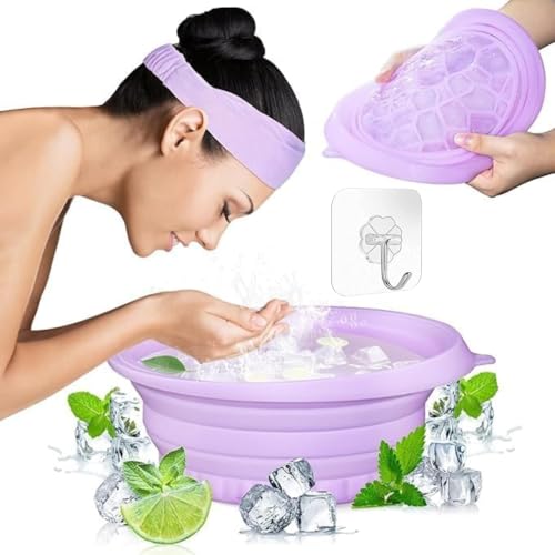Image of (1 pic Hook) with Silicone Face Bowl for Ice with Built-in Icetray, Collapsible Face Tub for Ice Bath, Facial Ice Plunge Bowl, Ice Water Facials at Home (Purple)