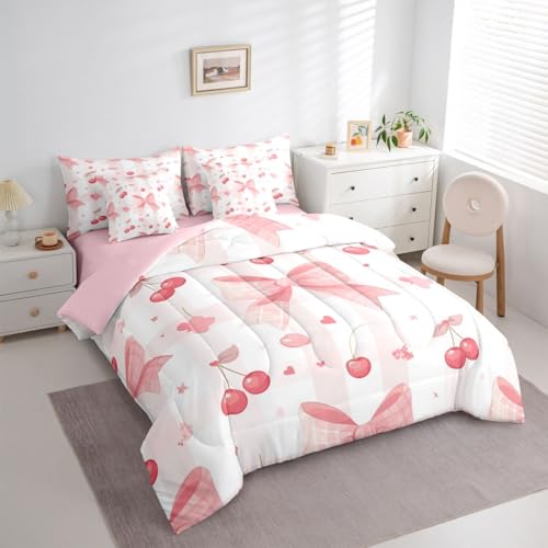 Image of Pink Cherry Bow Bed in a Bag Queen Comforter Set 7 Piece | Kawaii Bow Tie Bedding Sets Dreamy Princess Bowknot Comforter and Sheet Set, Watercolor Ribbon Bowknot Bed Sets,Cute Room Decor