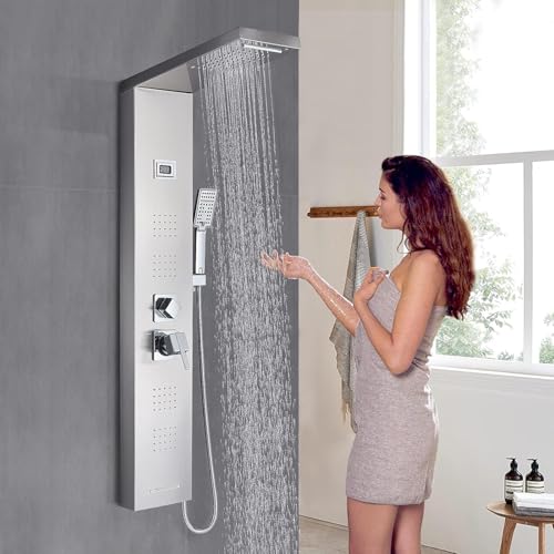 Panel de ducha de acero inoxidable con 5 funciones, columna de ducha con indicador LED de temperatura para el baño, ducha de lluvia, ducha de cascada, ducha de masaje, ducha de mano