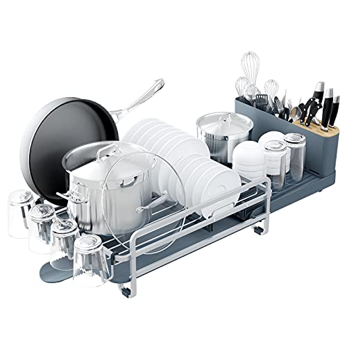 Kitsure Dish Drying Rack, Dish Rack and Drainboard Set for Dish Sets & Dish Strainer for Kitchen Counter, Multifunctional Dish Rack for Counter with Drainage, Extendable Tray, Cup Holder & Cutlery Box