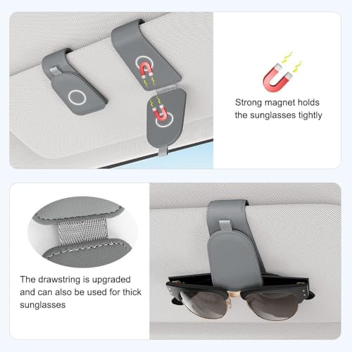 Image of Eliane Sunglass Holder for Car Visor Clip, Magnetic Leather Car Sunglasses Holder Eyeglass Hanger Clip for Car Visor, Universal Auto Interior Accessories (Grey)