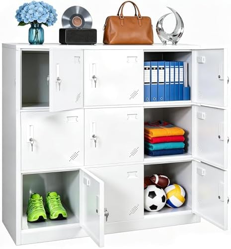 Lilvduybz 9 Door Locker, Stackable Locker Unit with Lock and Ventilation, Cold-Rolled Steel Cabinet, for Factory, Office, School, Gym, White