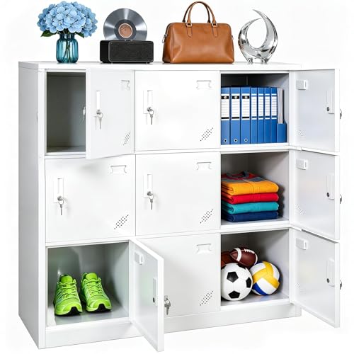 Lilvduybz 9 Door Locker, Stackable Locker Unit with Lock and Ventilation, Cold-Rolled Steel Cabinet, for Factory, Office, School, Gym, White by Lilvduybz - Used condition - CA$149.49