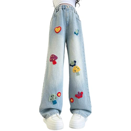 Girls Chic Embroidered Patch Wide Leg Jeans Vintage Washed Elastic High Waisted Loose Denim Pants with Pockets for 3-14 Years