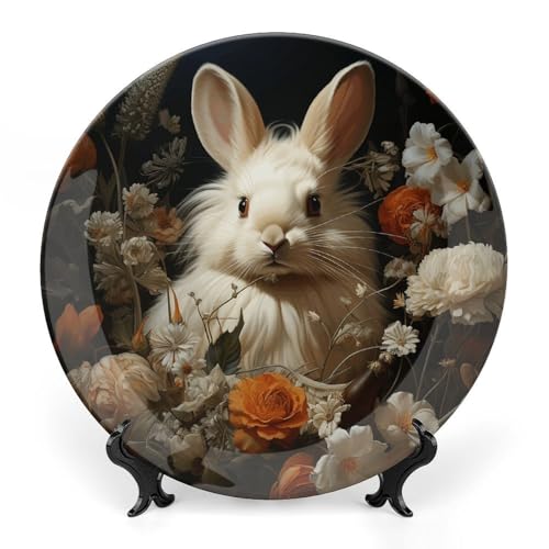 Plato decorativo de porcelana con conejo y flores 7 pulgadas miniatura 1