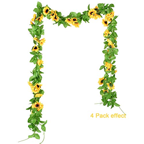 Image of DearHouse 4 Pack Artificial Sunflower Garland Silk Sunflower Vine Artificial Flowers With Green Leaves Wedding Table Decor, 8.5 Feet
