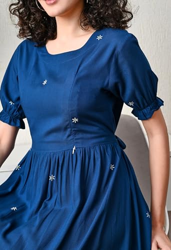 Image of Ichaa Women's Aqua Rayon Printed Maternity Dress with Feeding Zips and Pocket, in Plus Sizes